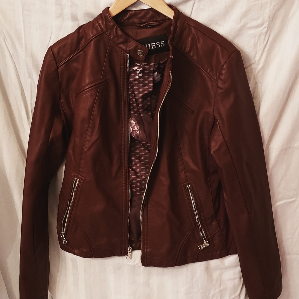 LG Guess Maroon Leather Jacket